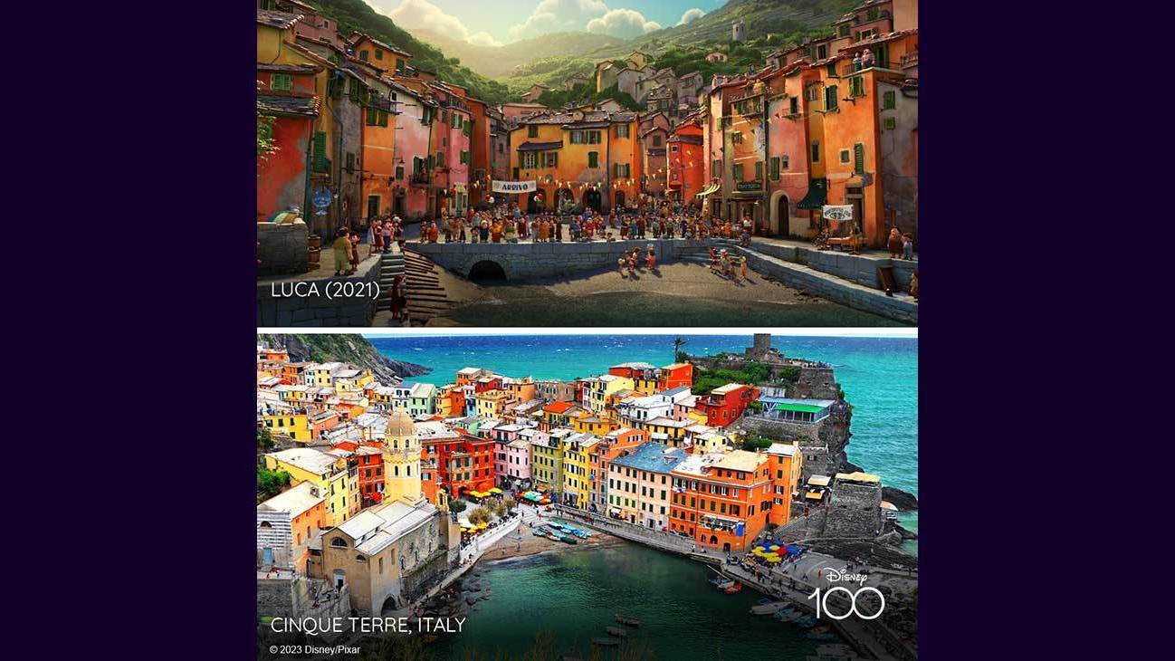 Scene from Luca (2021) and image of Cinque Terre, Italy