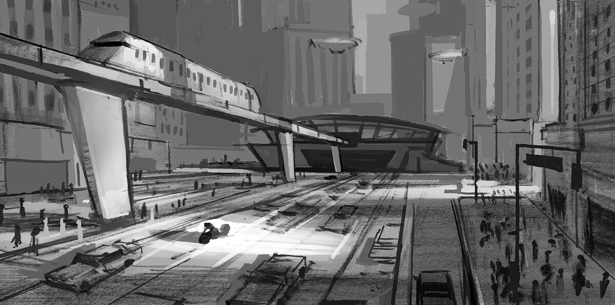 Concept art in black and white of a train leaving a mid-century modern station.