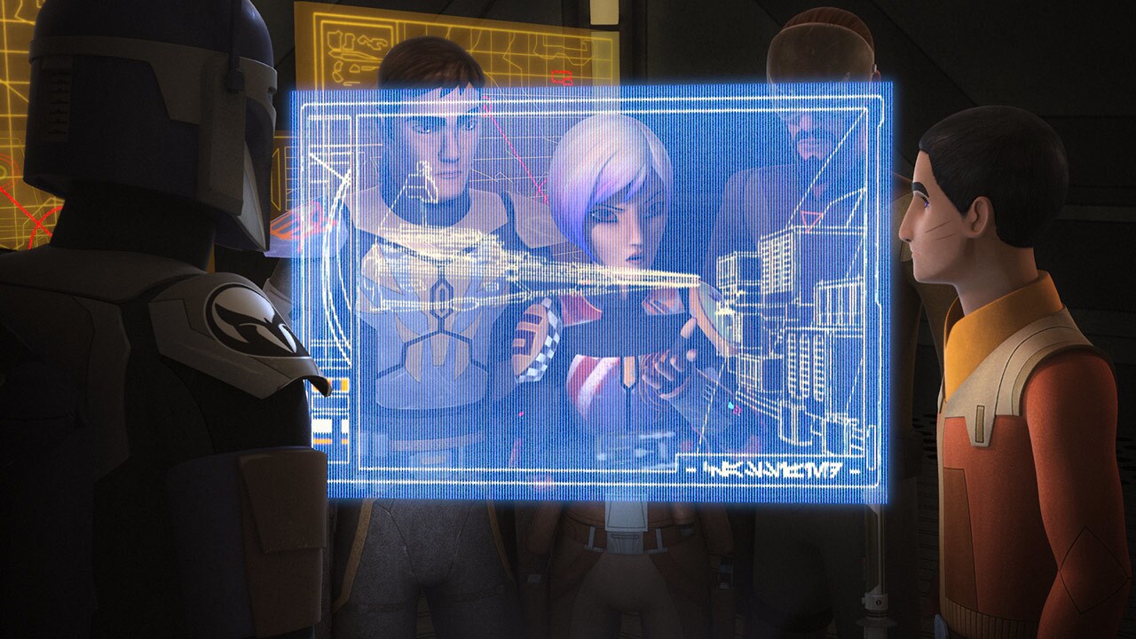 Image of Sabine Wren, Ezra Bridger, Kanan Jarrus, and several other individuals looking at a holoscreen that is displaying an Imperial Star Destroyer.
