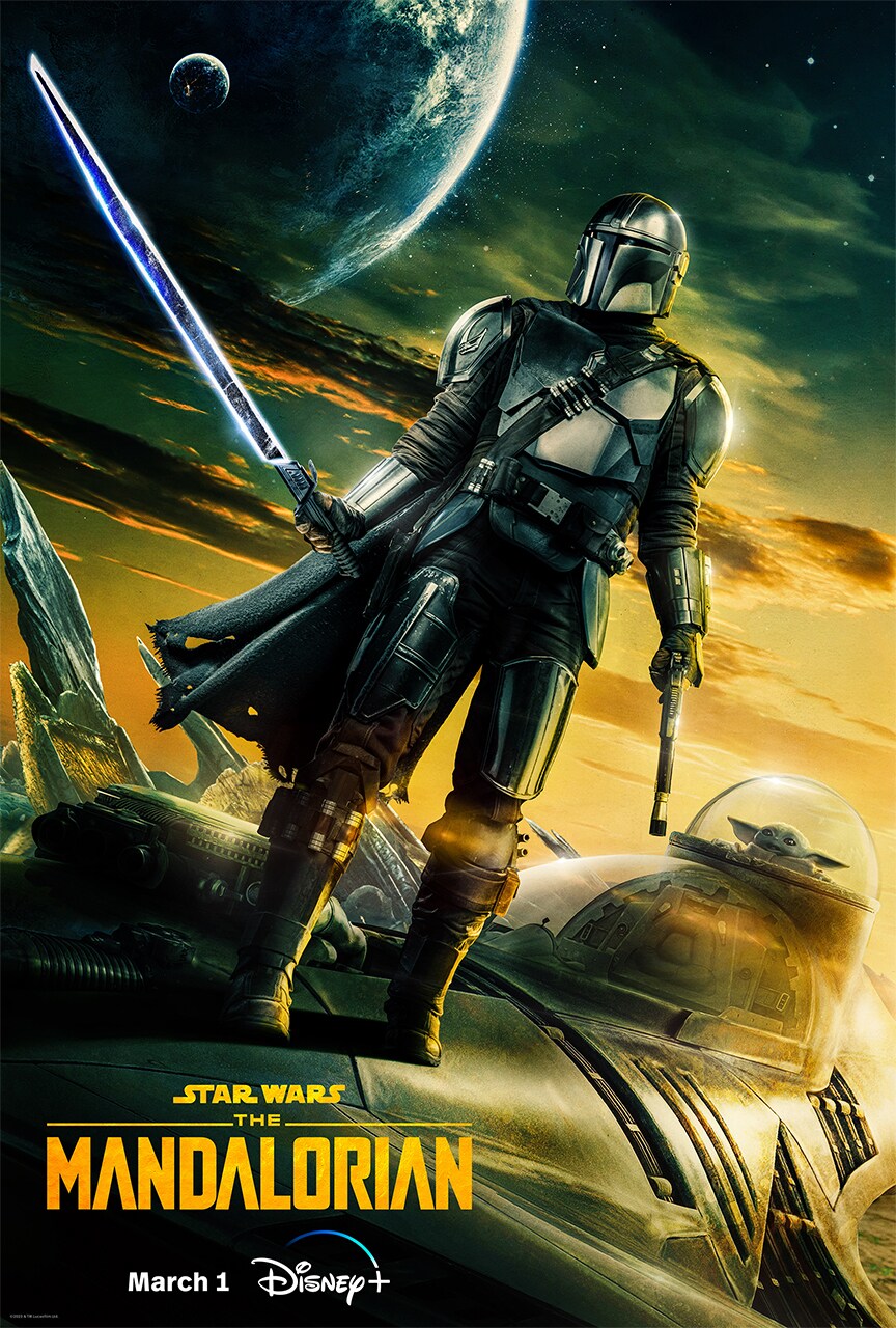 The Mandalorian stands atop his N-1 starfighter, Darksaber ignited, with Grogu in the passenger compartment in this poster for The Mandalorian Season 3.