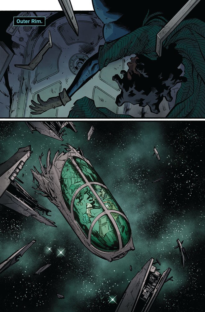 Ship debris floats in space in Marvel's Doctor Aphra #27.