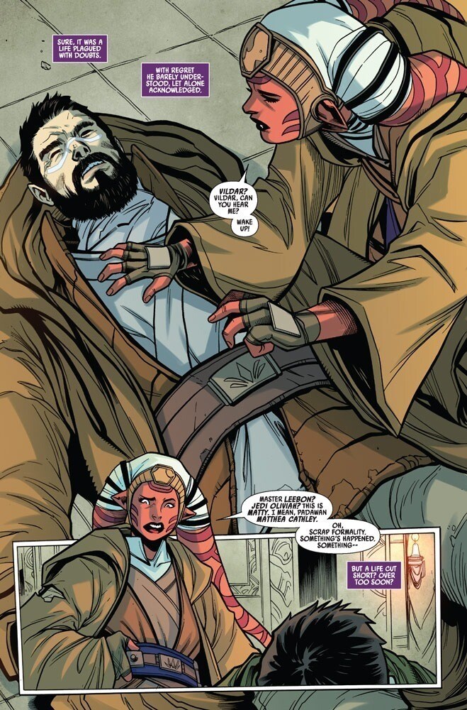 Padawan, Matthea Cathley tries to revive her master, Jedi Knight Vildar Mac, in Marvel's Star Wars: The High Republic #2.