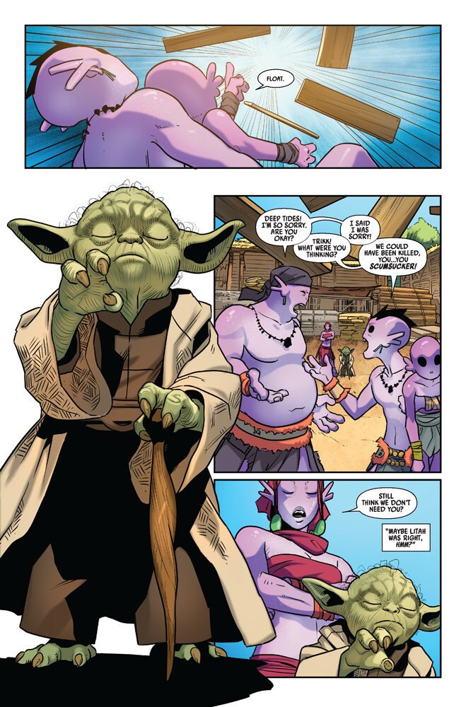 Yoda uses the Force to save Scalvi from debris in Marvel's Star Wars: Yoda #2.