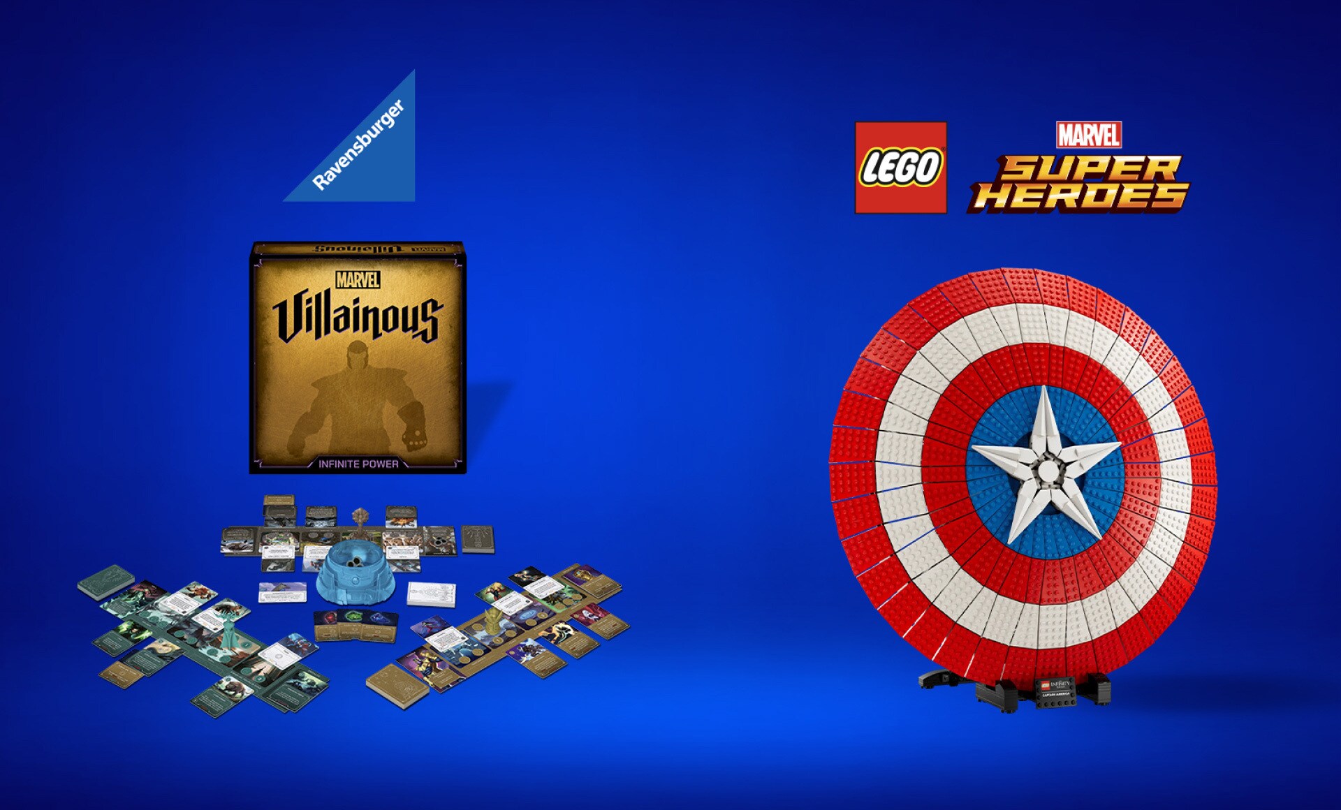 Immagine con i premi del concorso: Lego Super Heroes Marvel - Lo scudo di Captain America e Gioco in scatola Marvel Villainous - Infinite Power
