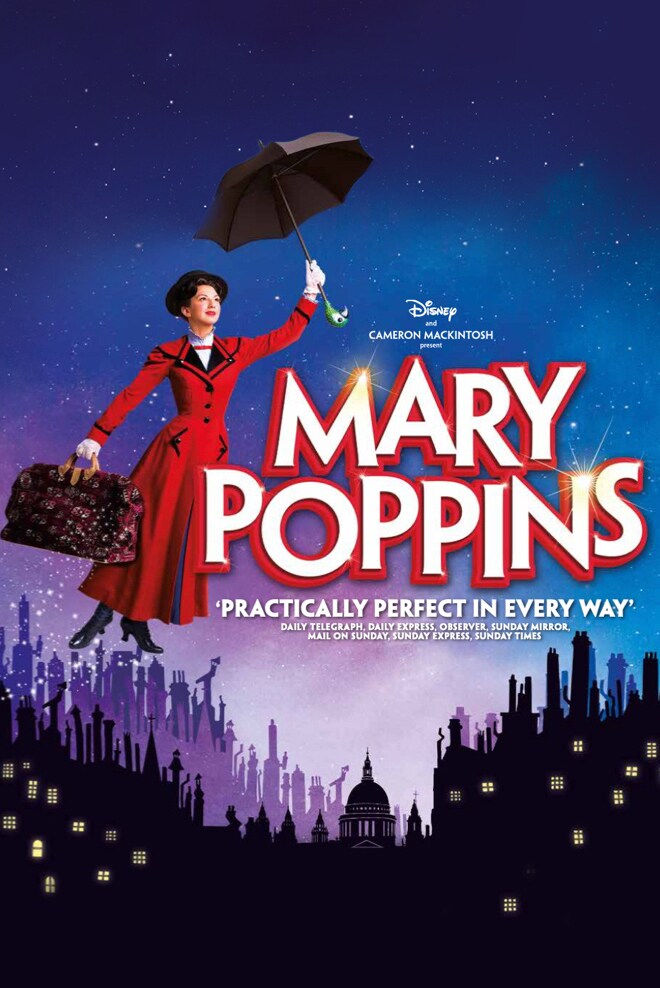 Mary Poppins poster with Mary Poppins flying over a town made up of silhouettes