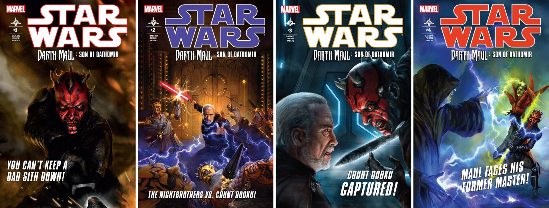 The covers for Marvel’s four-part comic series Darth Maul – Son of Dathomir.