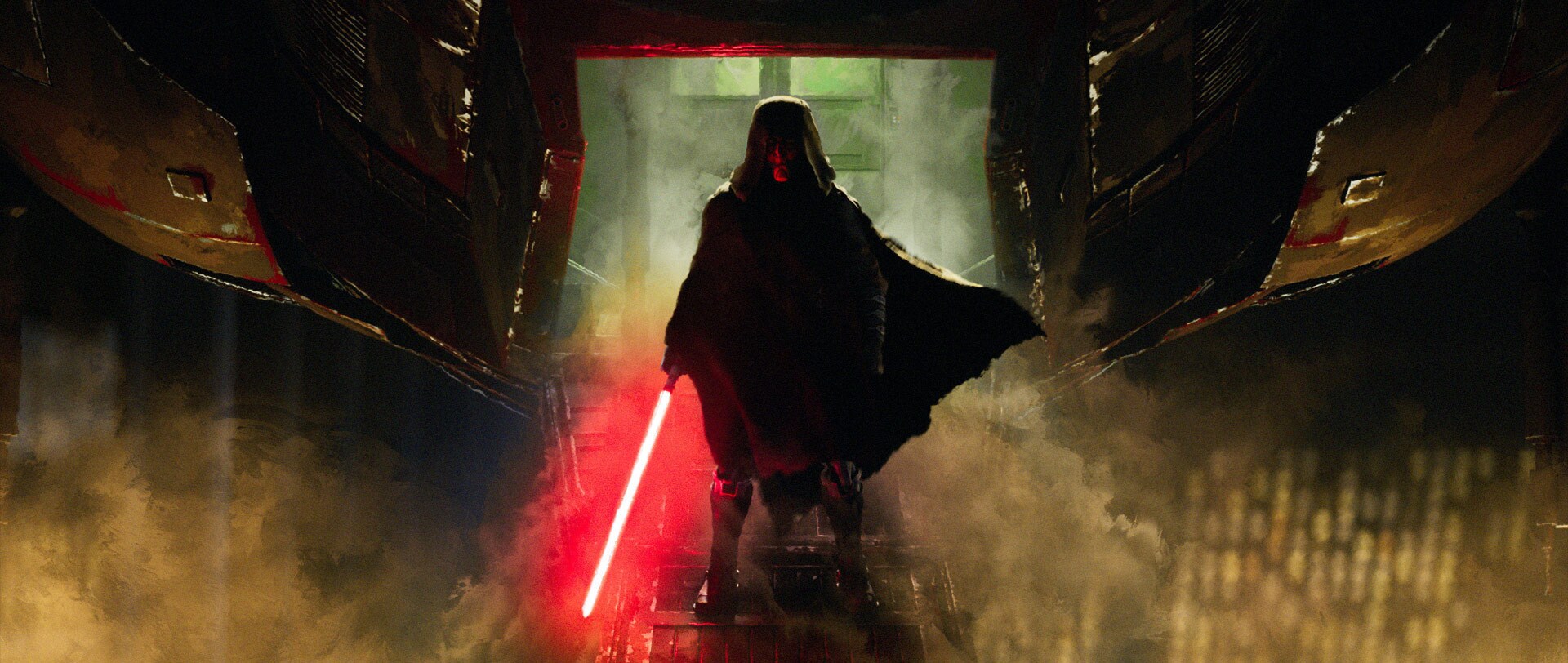 Maul walks down the ramp of his ship and ignites his lightsaber.