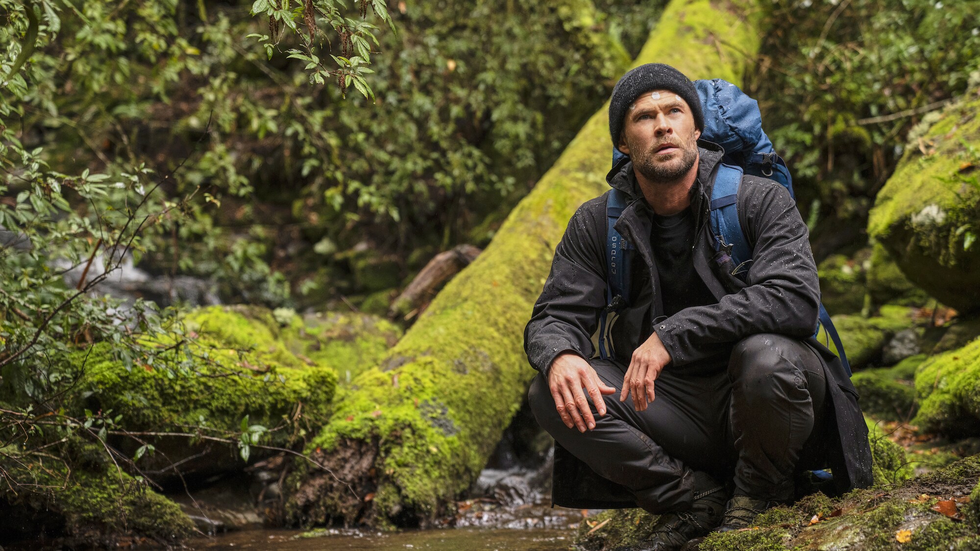 Chris Hemsworth crouches by the edge of a pond on a hike. (National Geographic for Disney+/Craig Parry)