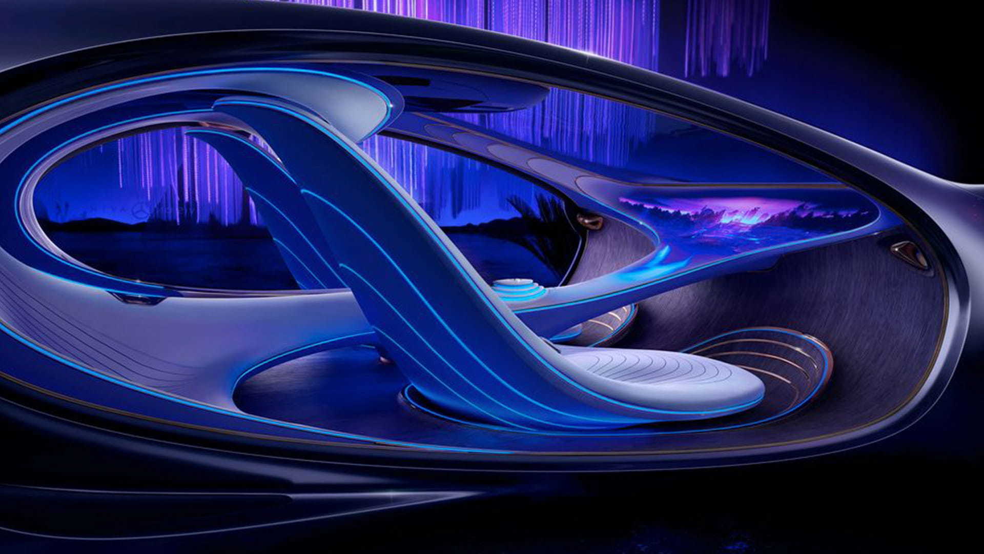 The seats and the ceiling of the car are decorated with a color-changing fabric inspired by the colors of Pandora.