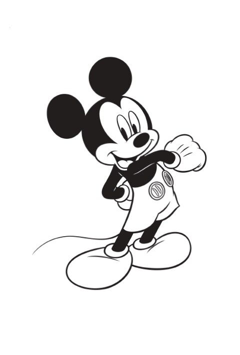 Obrazek do pokolorowania, Myszka Miki stoi bokiem w prawą stronę i ma uniesioną lekko prawą rękę