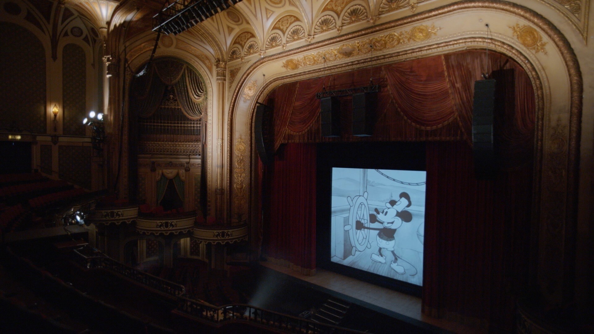 Steamboat Willie plays on the big screen. (Credit: Mortimer Productions)