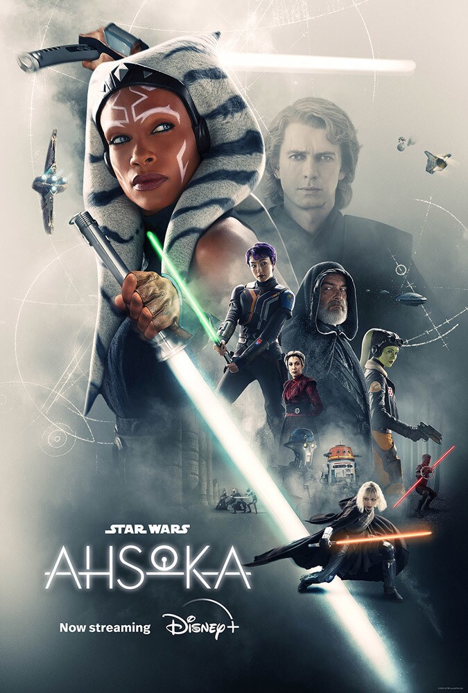 Ahsoka Tano stands with lightsabers ignited in a midseason poster featuring Anakin Skywalker, Sabine Wren, and other characters from the Disney+ series.