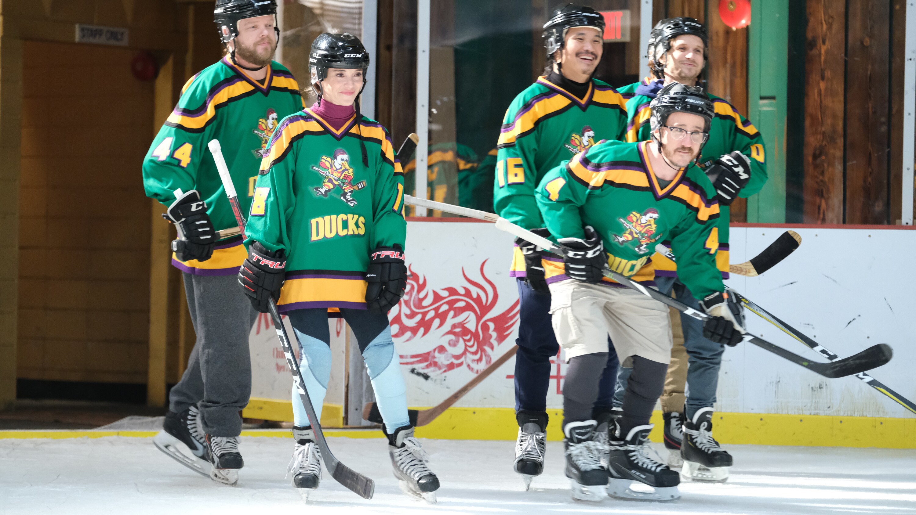 THE MIGHTY DUCKS: GAME CHANGERS - "Spirit of the Ducks" - With the original Ducks back in town, Evan and Bombay each consider where their loyalties lie. (Disney/Liane Hentscher) ELDEN HENSON, MARGUERITE MOREAU, MATT DOHERTY, JUSTIN WONG, VINCENT LARUSSO, GARETTE HENSON