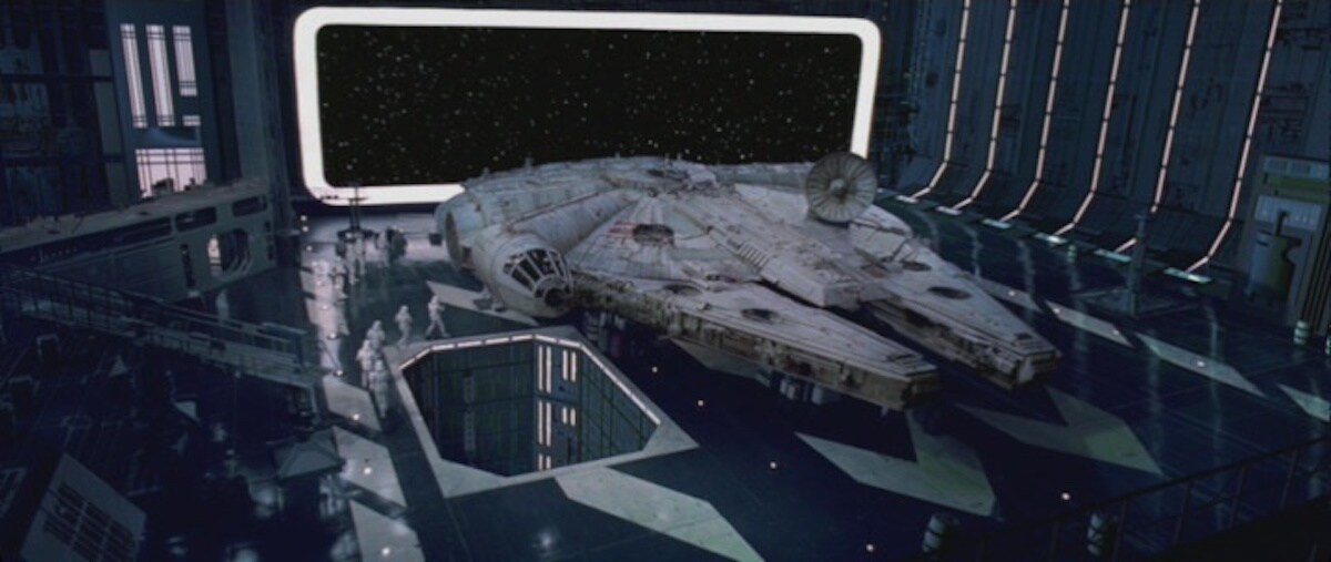 The Millennium Falcon impounded in a Death Star hangar bay