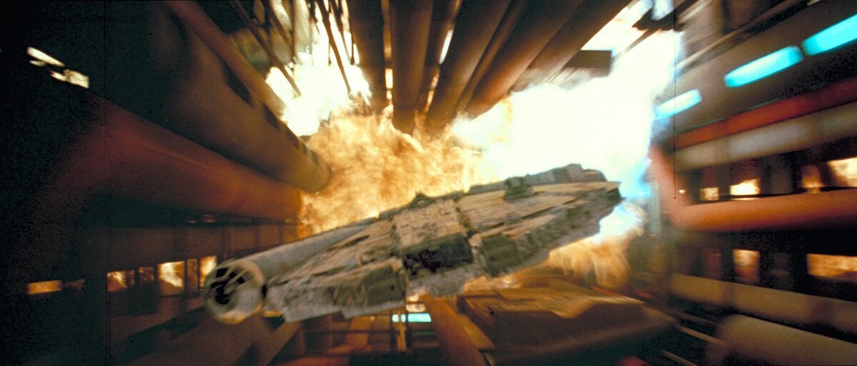 The Millennium Falcon escaping the Death Star II's destruction