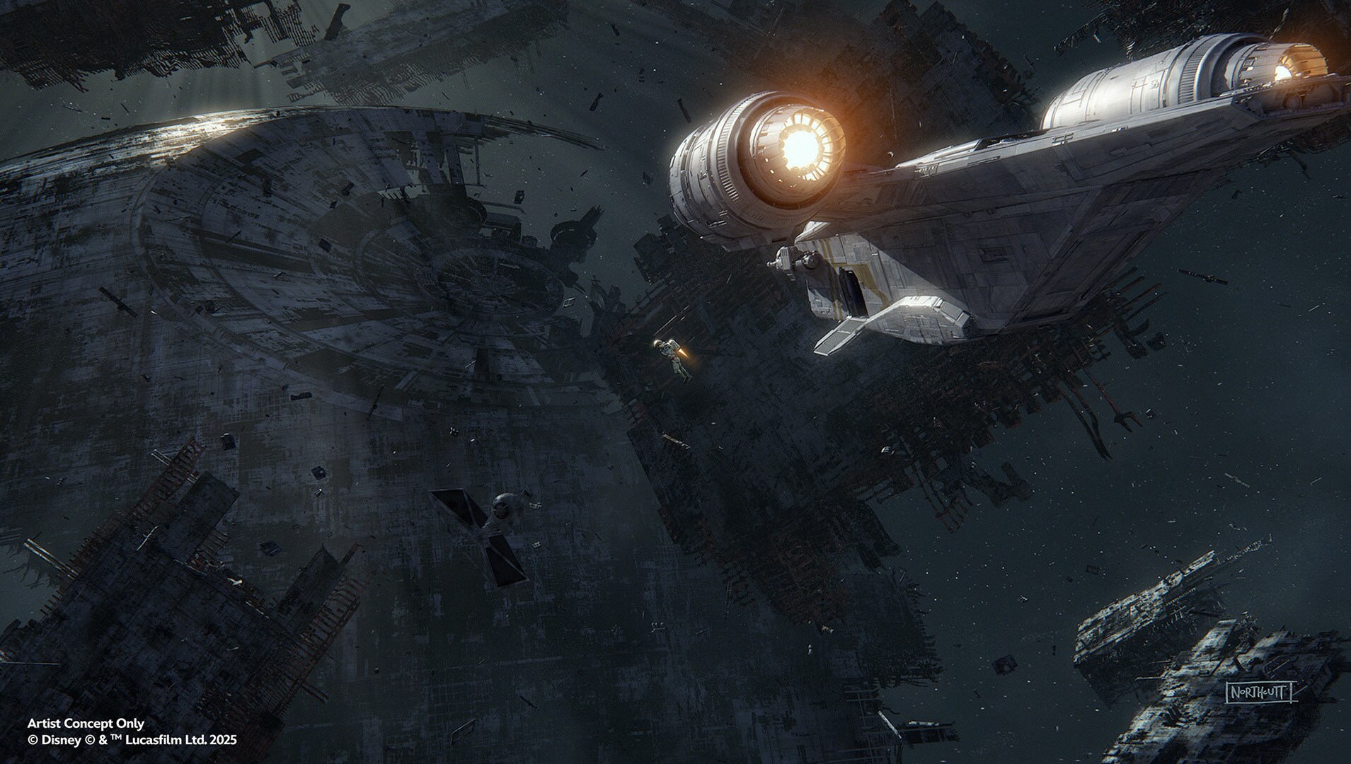 Concept art of the Millennium Falcon: Smugglers Run Mission at the Death Star ruins.