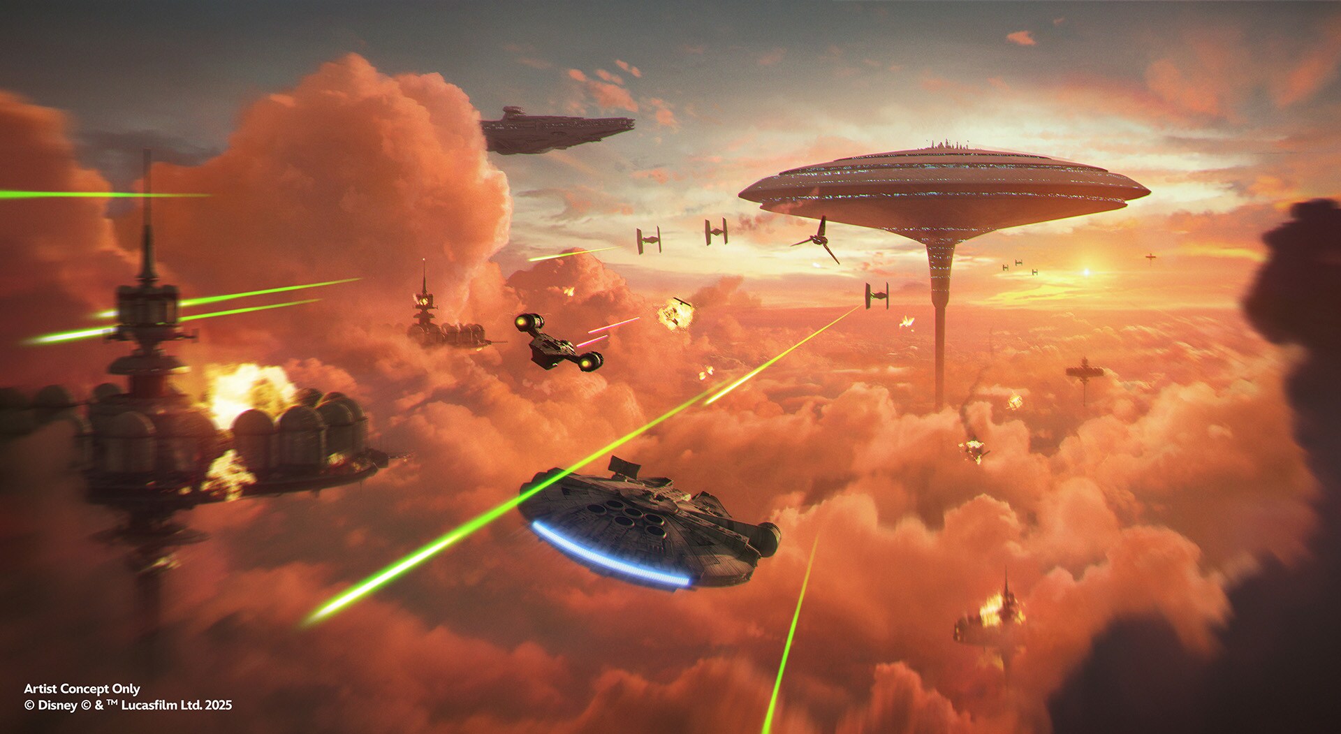 Concept art of the Millennium Falcon: Smugglers Run Mission at Bespin.