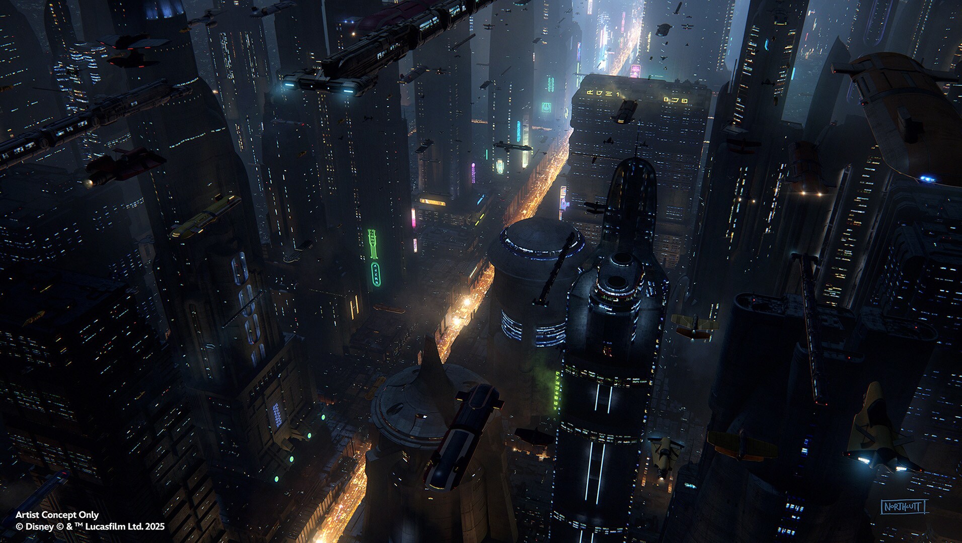 Concept art of the Millennium Falcon: Smugglers Run Mission at Coruscant.