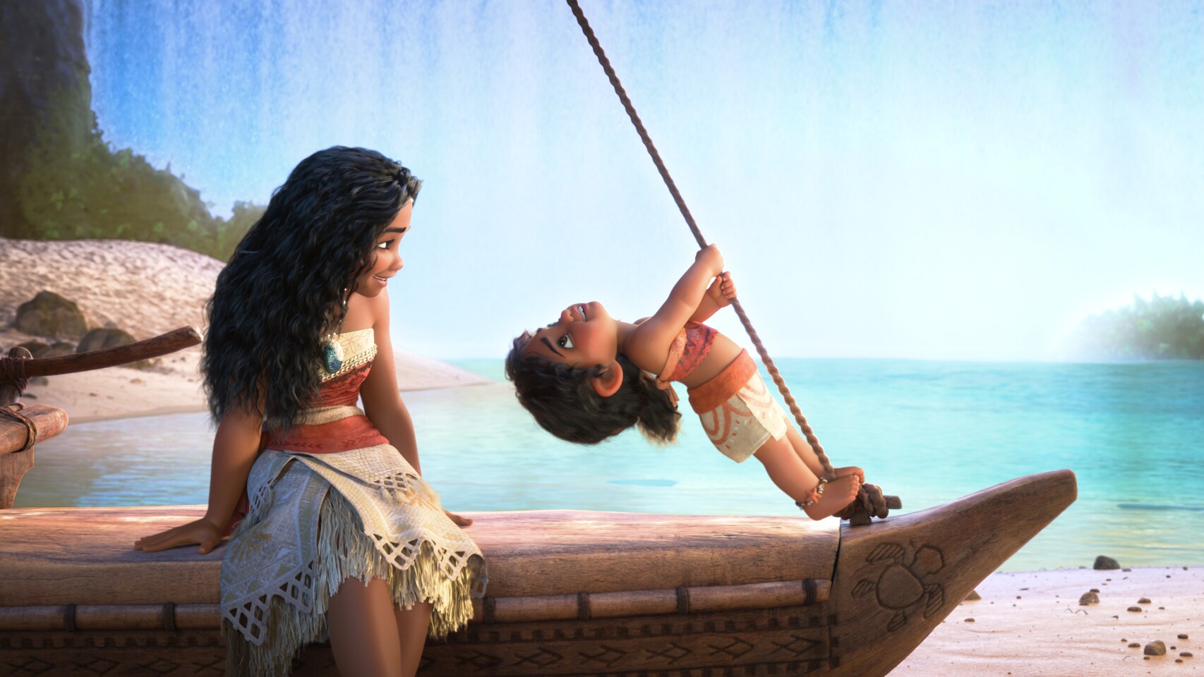 Moana and her little sister on a canoe