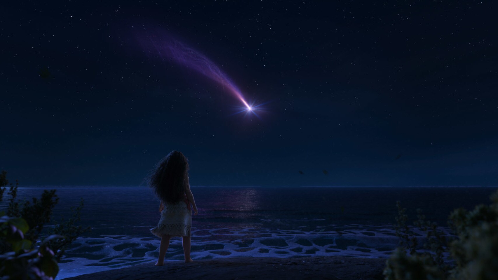 Image of Moana looking at a shooting star in the night sky from Walt Disney Animation Studios’ movie, “Moana 2”. © 2024 Disney Enterprises, Inc. All Rights Reserved.