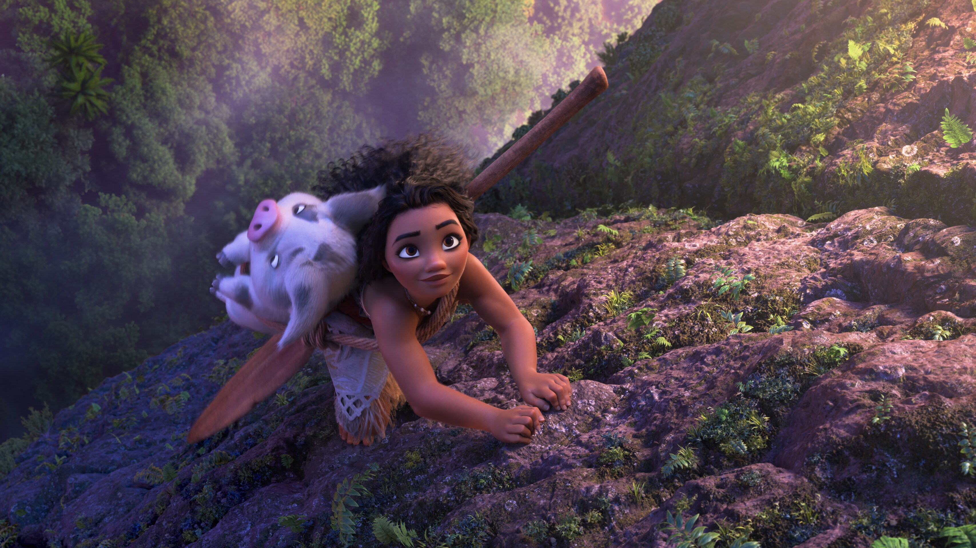 Image of Moana with Pua the pig on her back, climbing rocks from Walt Disney Animation Studios’ movie, “Moana 2”. © 2024 Disney Enterprises, Inc. All Rights Reserved.