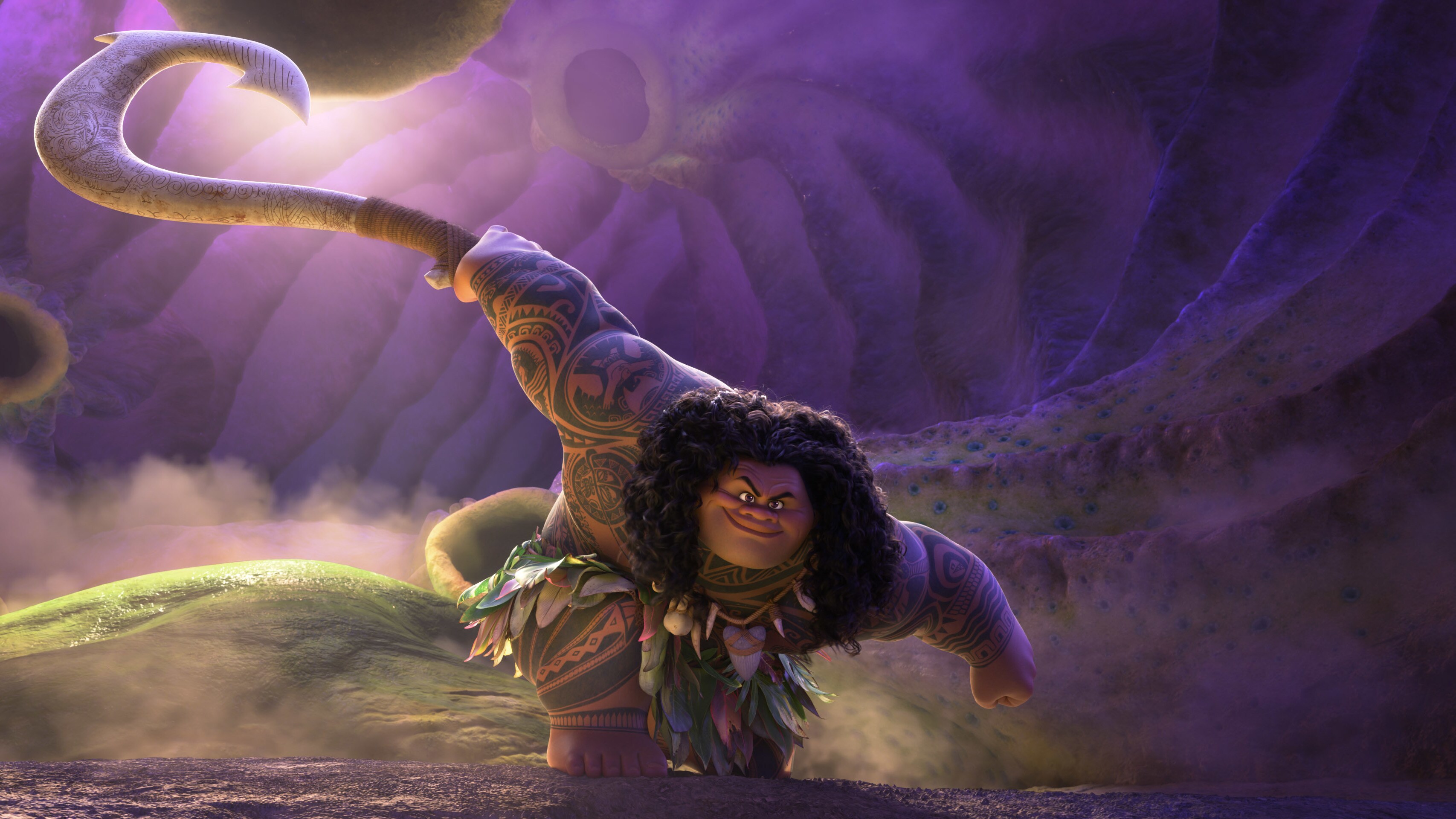 Image of Maui with his fish hook, posing coolly from Walt Disney Animation Studios’ movie, “Moana 2”. © 2024 Disney Enterprises, Inc. All Rights Reserved.