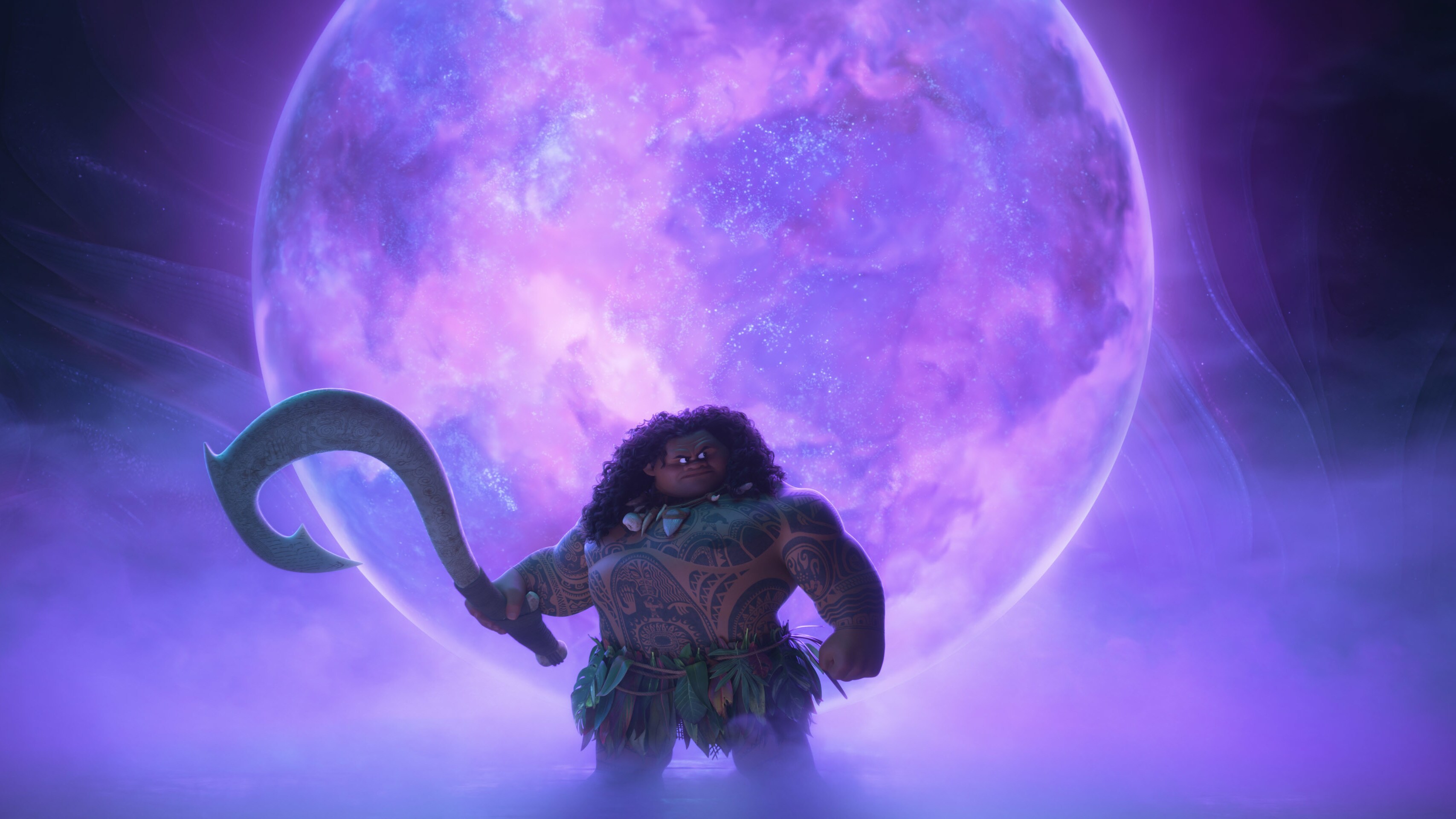 Image of Maui holding his fish hook in front of the moon from Walt Disney Animation Studios’ movie, “Moana 2”. © 2024 Disney Enterprises, Inc. All Rights Reserved.