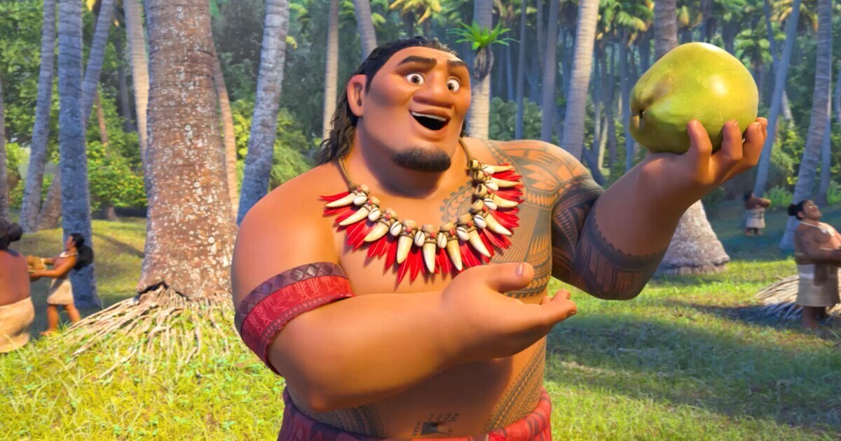 Animated character Chief Tui holding a papaya from the film "Moana"