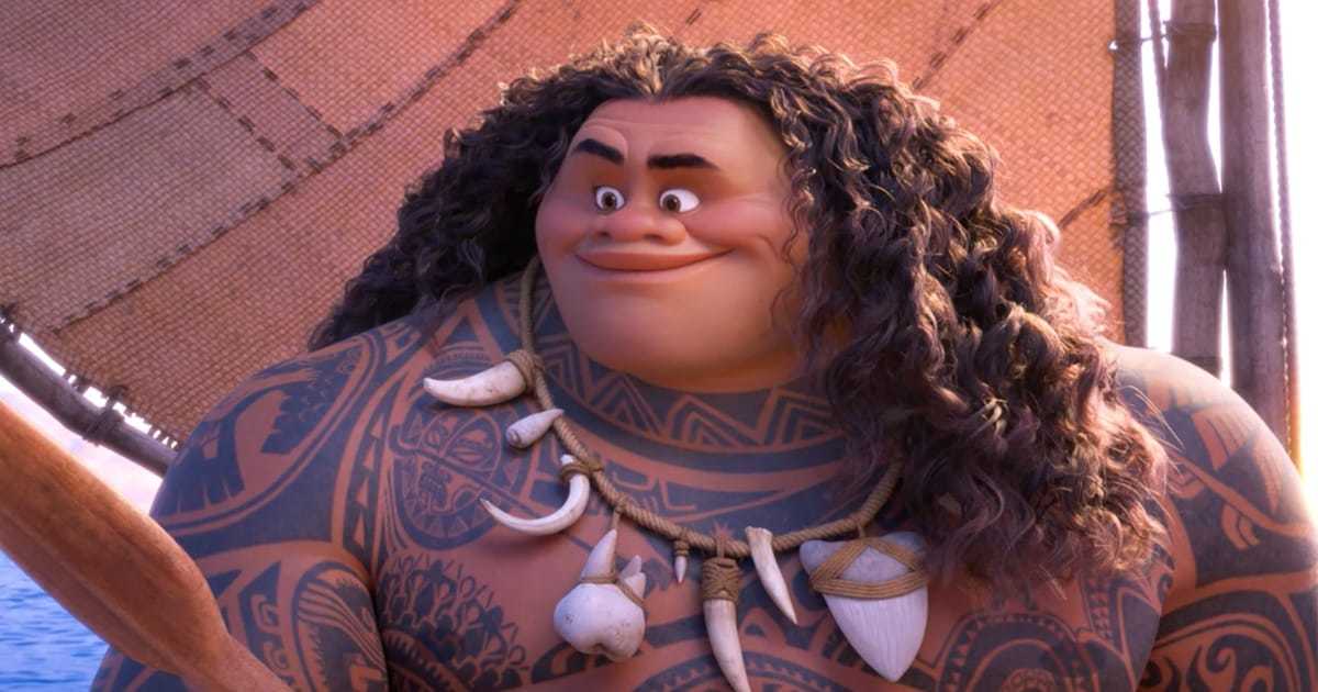 Animated character Maui holding an oar from the film "Moana"