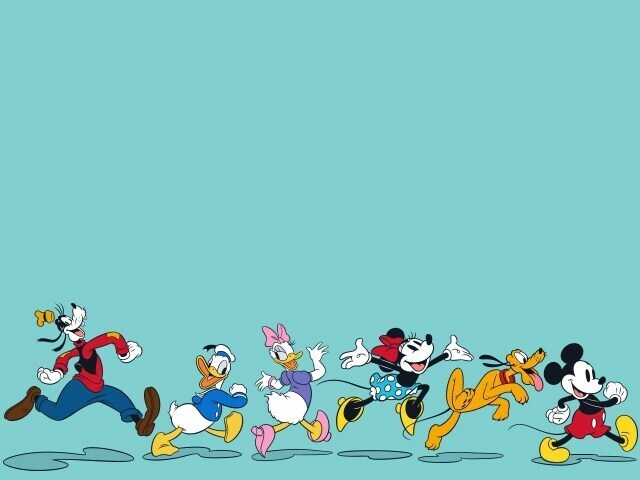 Illustration of Goofy, Donald Duck, Daisy Duck, Minnie Mouse, and Pluto marching in a row behind Mickey Mouse.