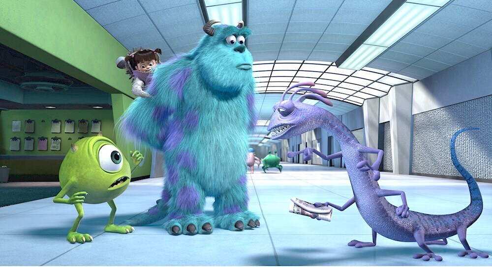 Mike Wazowski, Sulley, Boo on Sulley's back, and Randall in "Monsters, Inc."