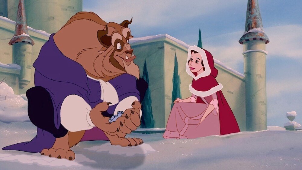 Beast and Belle in the snow from the animated film "Beauty and the Beast"