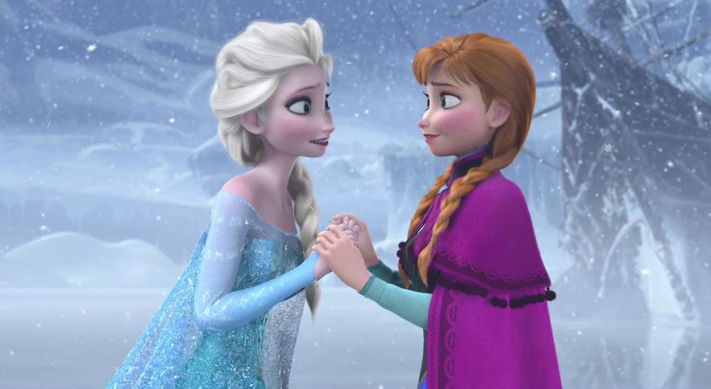 Animated characters Elsa and Anna holding hands in the snow