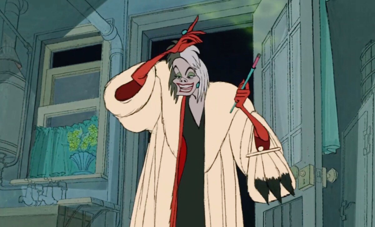 Cruella de Vil in the animated movie "One Hundred and One Dalmatians"