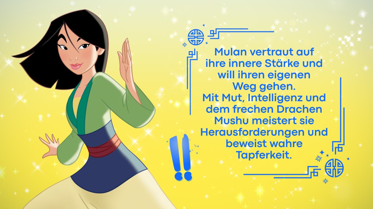 Prinzessin Mulan mit einem Beschreibungstext über sie selbst vor gelbem Hintergrund