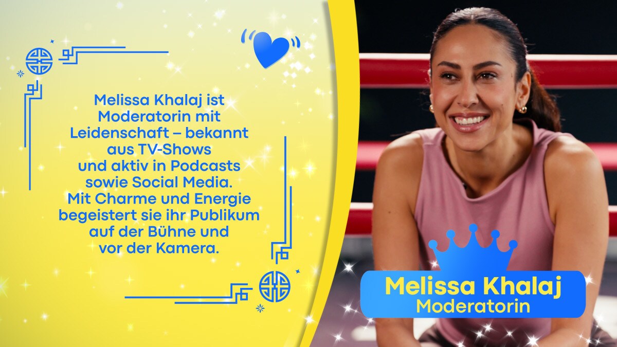 Melissa Khalaj mit einem Beschreibungstext über sie selbst vor gelbem Hintergrund
