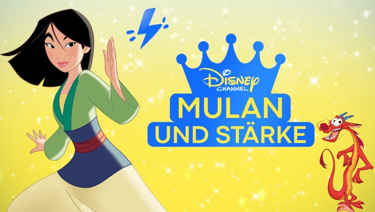Mulan udn Mushu vor einem gelben Hintergrund mit dem Disney Channel Prinzessinnen Sommer Logo