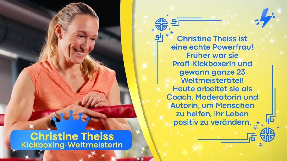 Christine Theiss mit einem Beschreibungstext über sie selbst vor gelbem Hintergrund