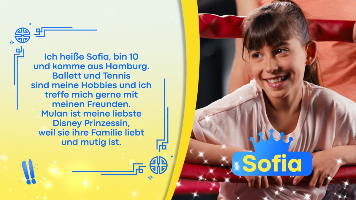 Gewinnerkind Sofia mit einem Beschreibungstext über sie selbst vor gelbem Hintergrund