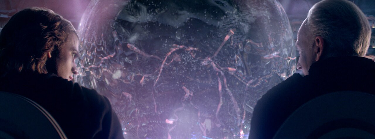 Anakin Skywalker and Palpatine confer in the Opera House