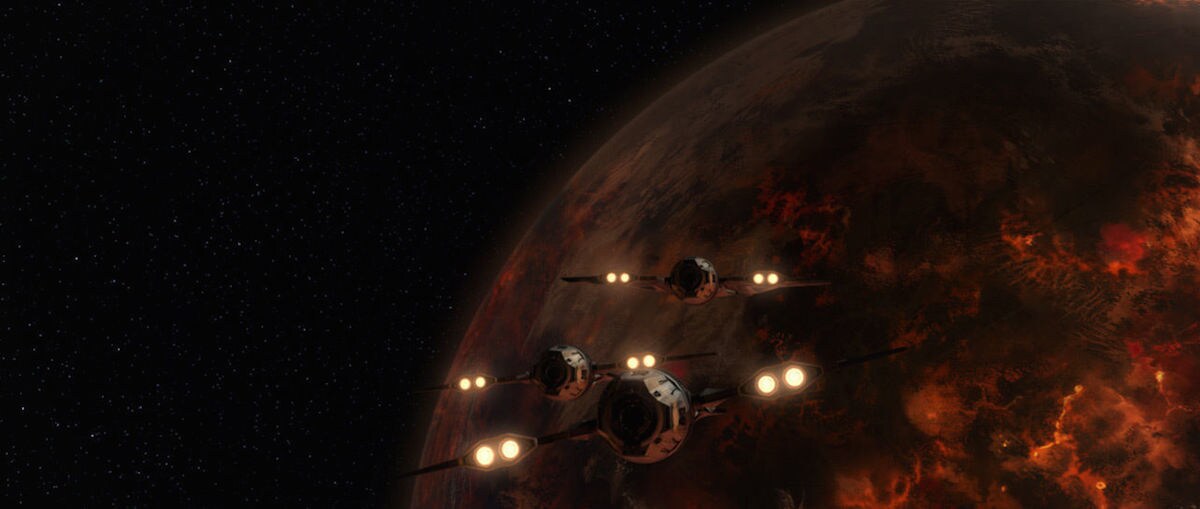 Mandalorian starfighters approaching Mustafar