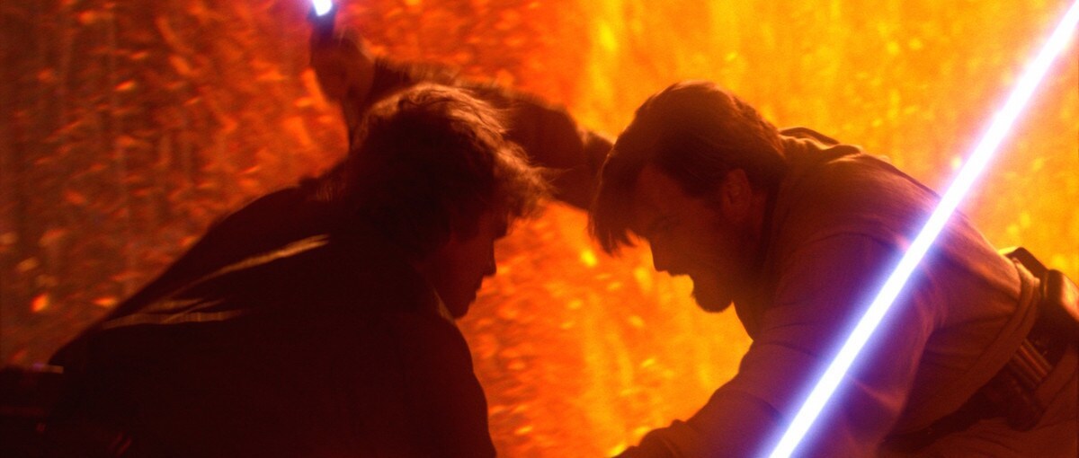 Obi-Wan Kenobi and Anakin Skywalker dueling on Mustafar