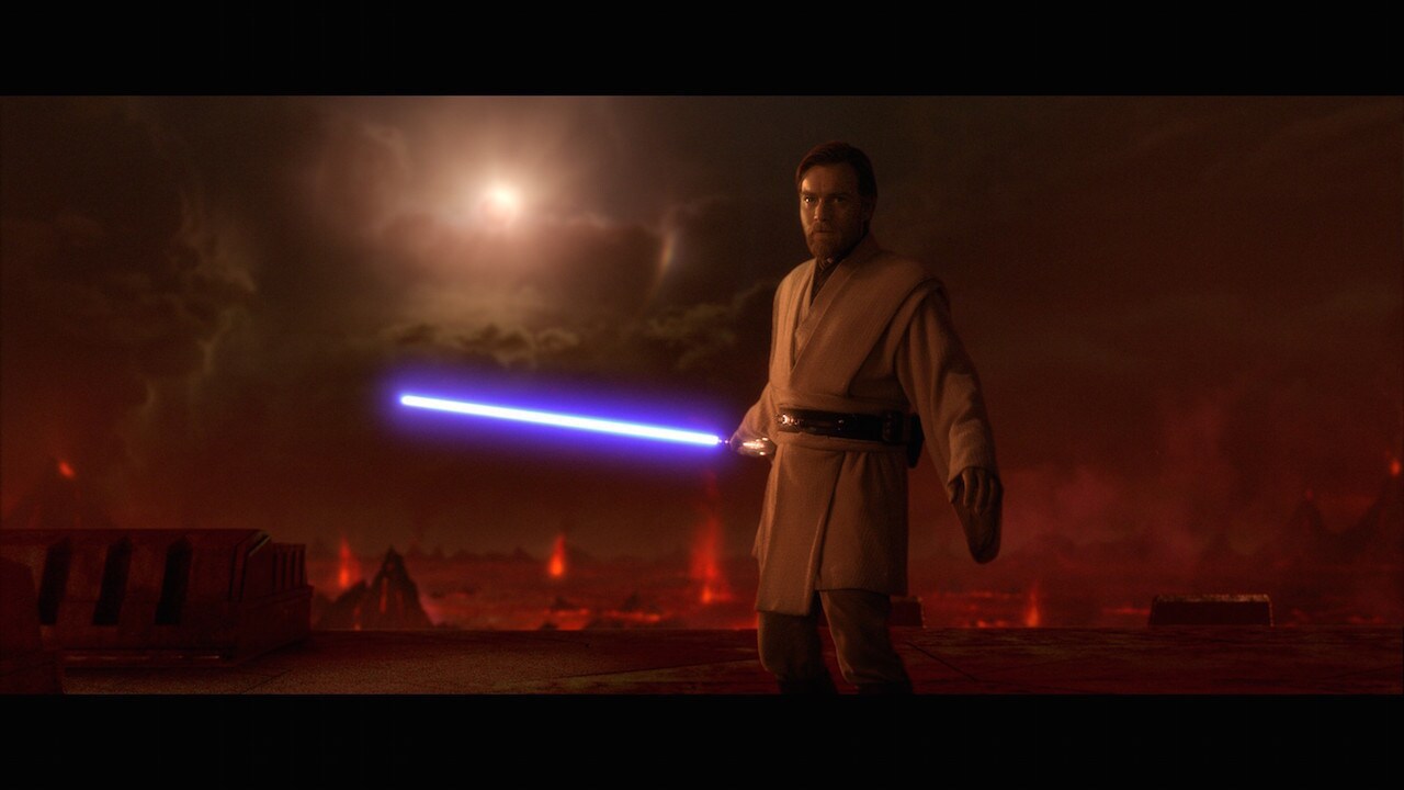 Obi-Wan disengaged from the fight, leaping to the shore and looking down at Anakin. He saw Anakin...