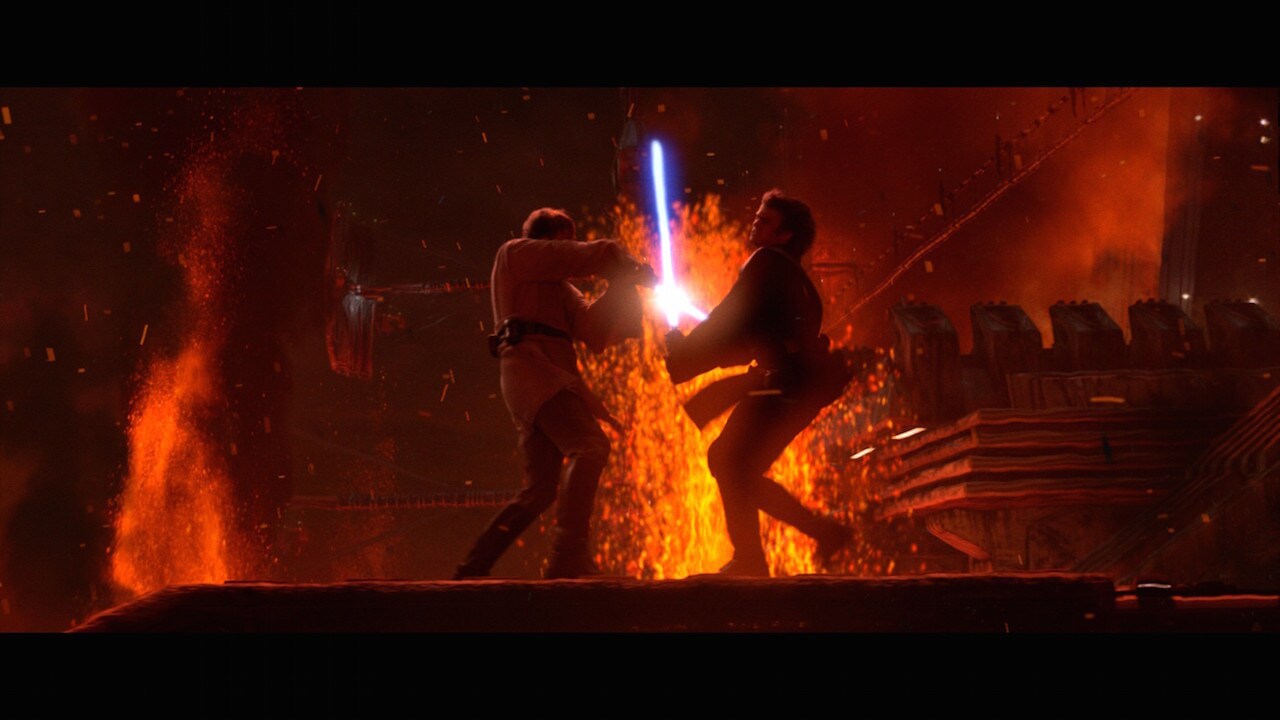 Anakin and Obi-Wan dueled with their lightsabers, a running fight that took them through the mini...