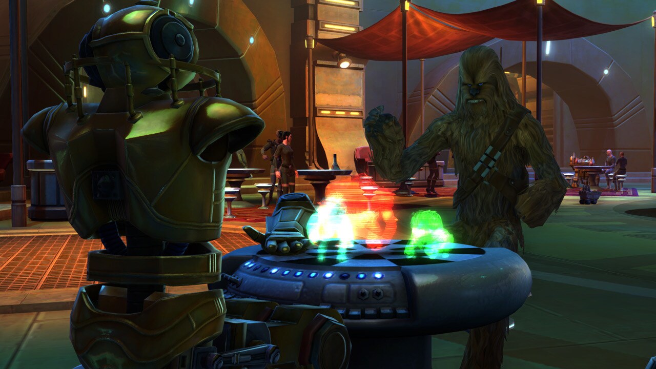 In Star Wars: The Old Republic, you can see a Wookiee and his protocol droid opponent (whose arms have both been ripped off) mulling over a game of Dejarik in Nem'ro's Palace Cantina.