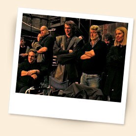 George Lucas and other cast and crew on the set of Episode III.
