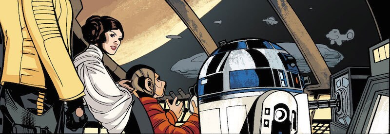 Princess Leia, Nien Nunb, and R2-D2