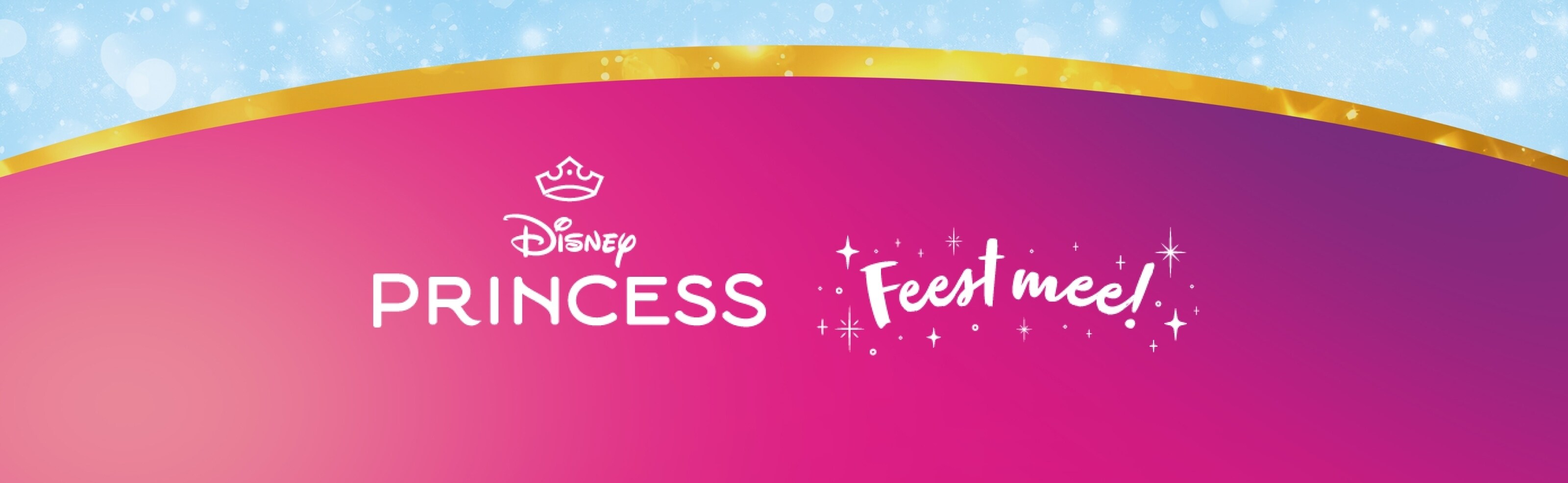 Disney Princess 'Feest mee!'-afbeelding met roze-paars verloop als achtergrond, glinsteringen en kroonicoon.