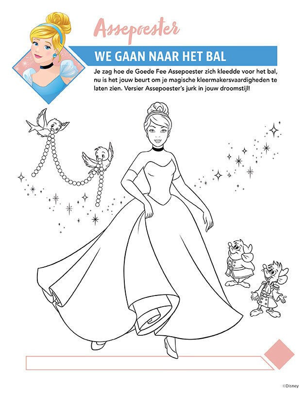 Kleurplaat met Assepoester in haar baljurk, twee vogeltjes die een parelsnoer vasthouden en haar muizenvriendjes Jaq en Gus.