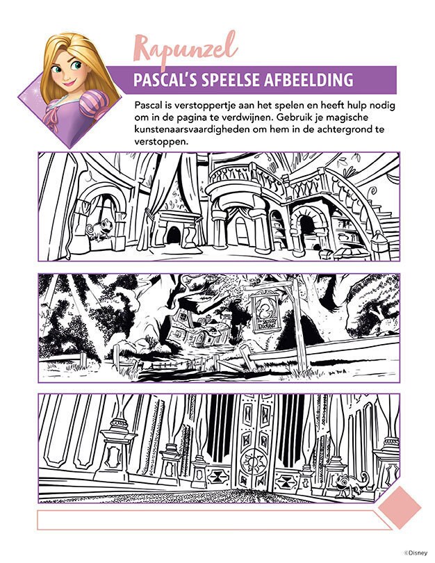 Kleurplaat met Rapunzel, met Pascal die verstoppertje speelt in een speelse achtergrond.